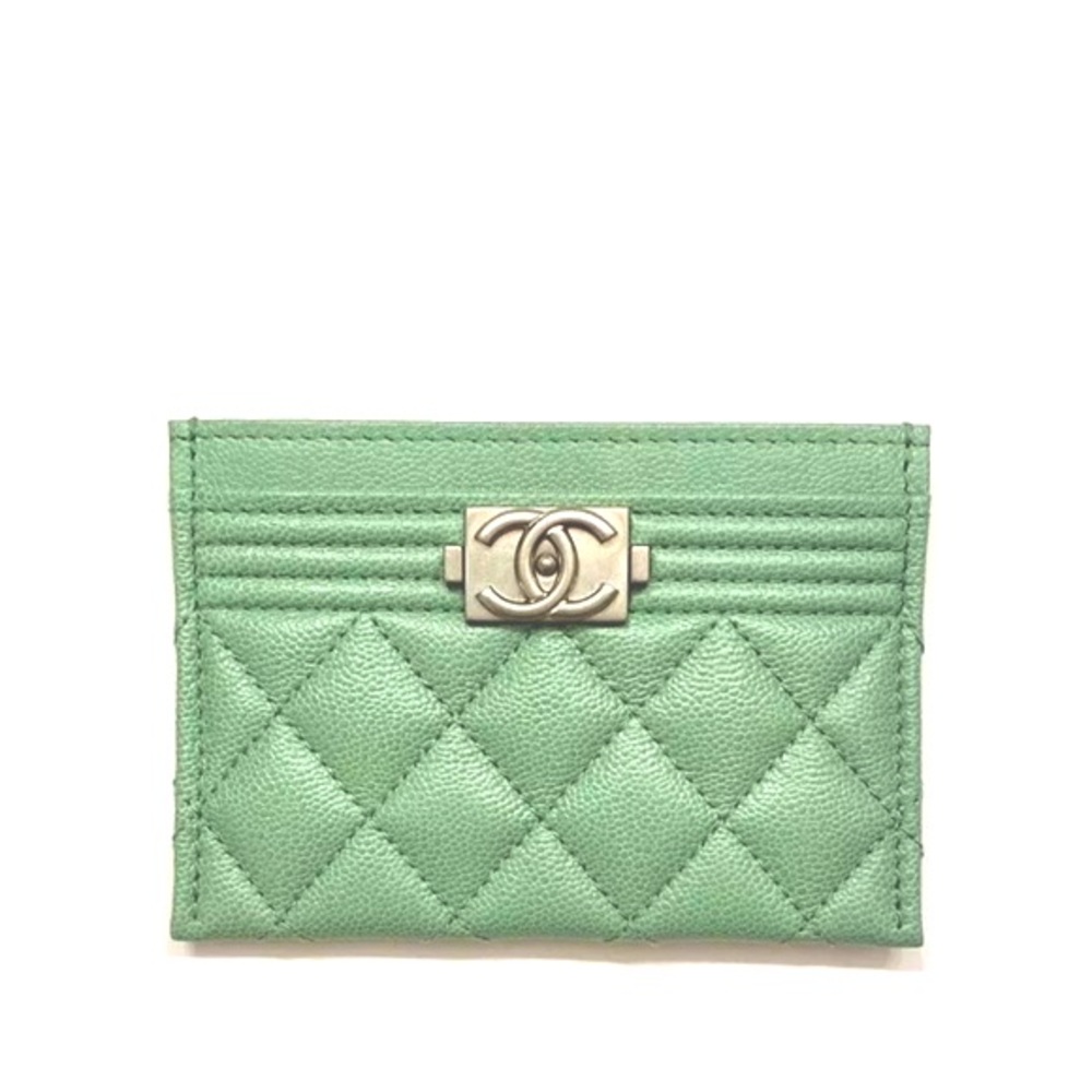 Authentic CHANEL Caviar Quilted Boy Light Baby Pastel Green Card Holder Wallet